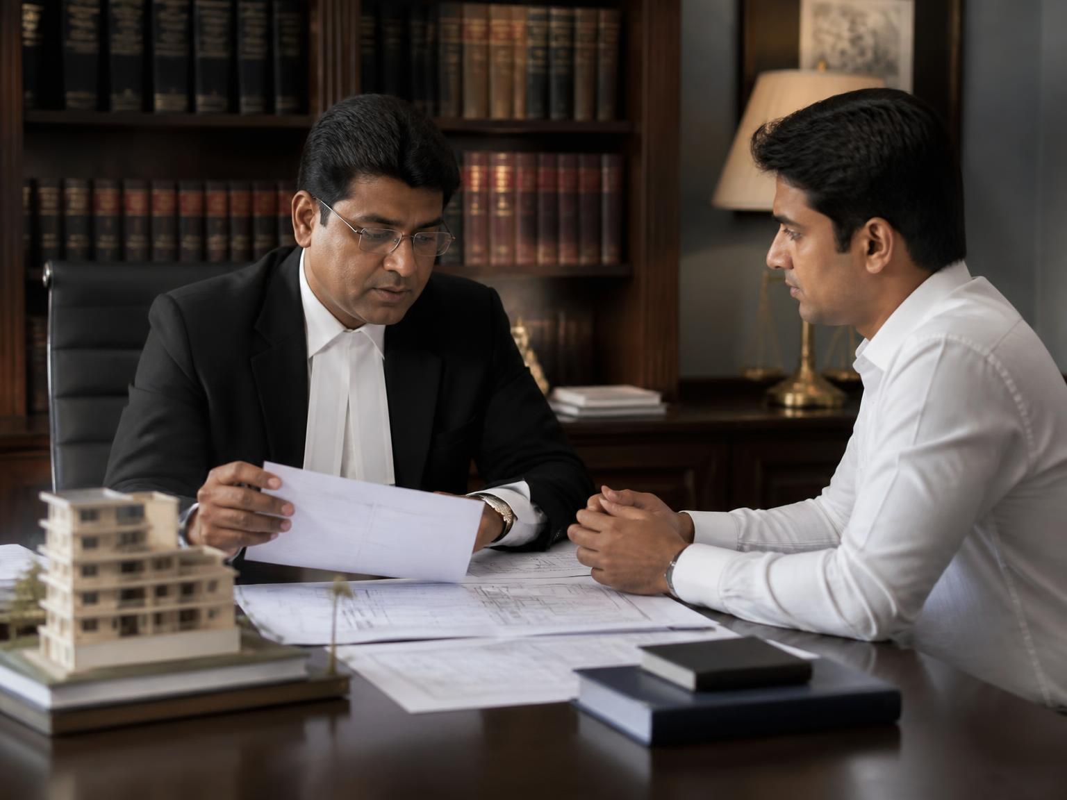 Property lawyer reviewing construction agreements and building plans with a client