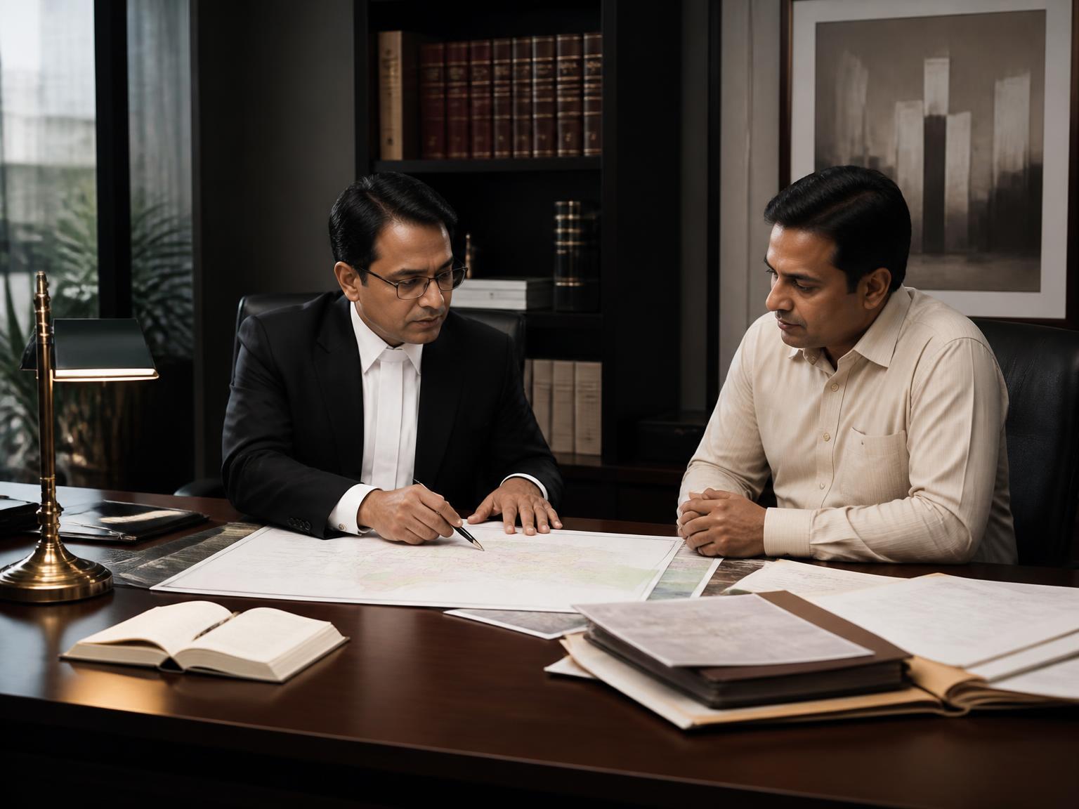 Property lawyer reviewing land plans and title documents with a client